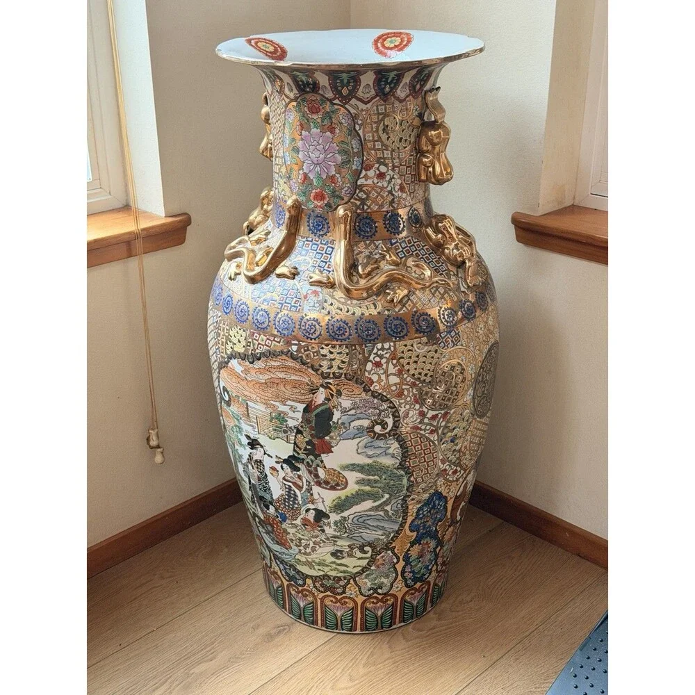 Antique Huge Vintage Japanese Porcelain Hand Painted Floor Vases 36